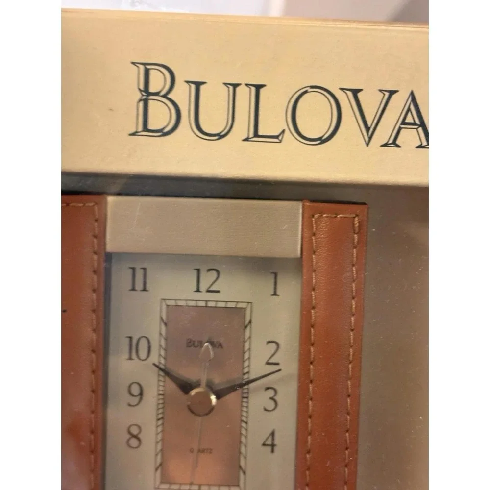 Bulova Gift Box Tan Leather Picture Frame L, Photo Album And Clock In Box New